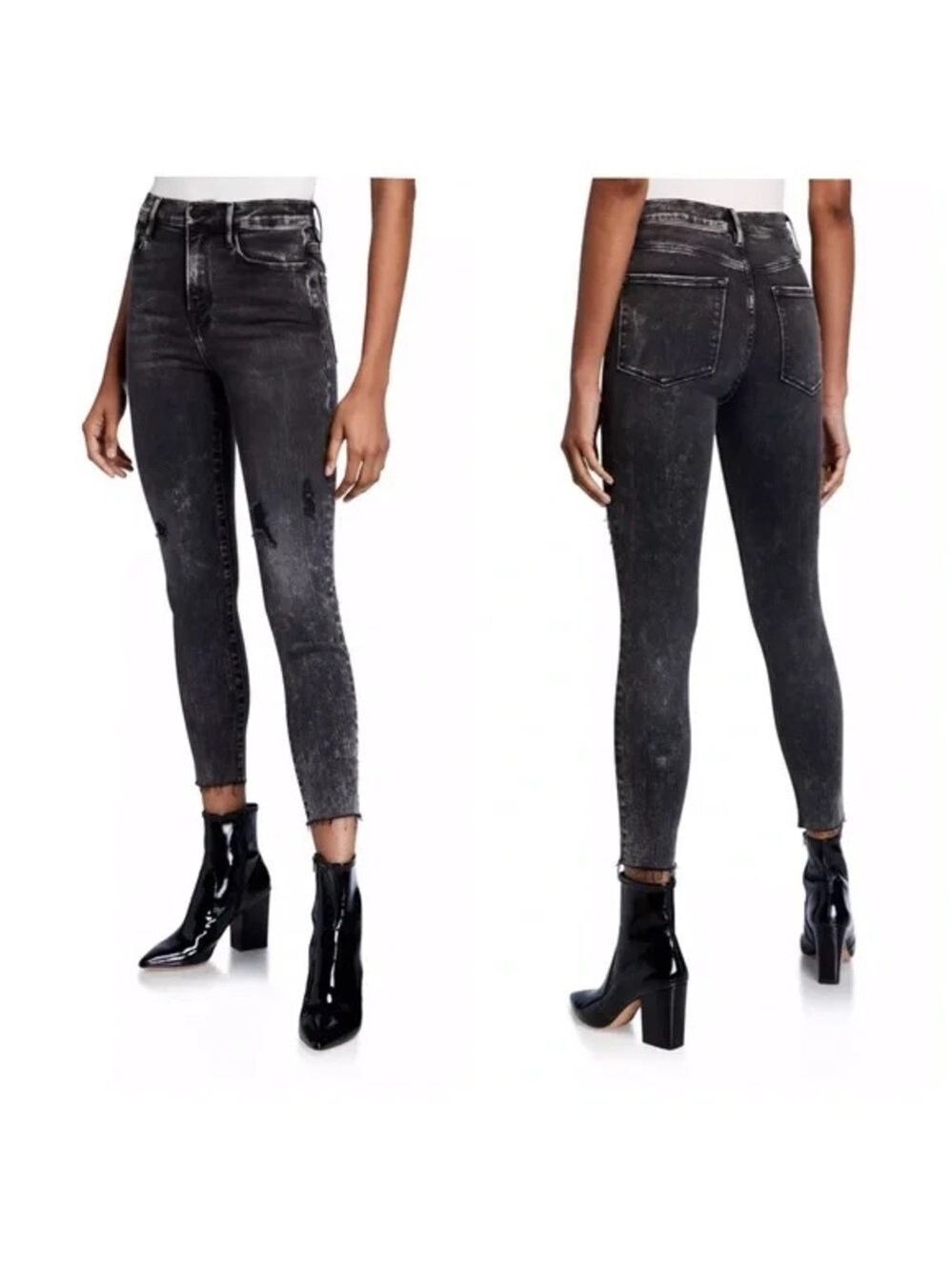 Frame Denim washed out black Ali high rise cigarette skinny jeans raw hem 28